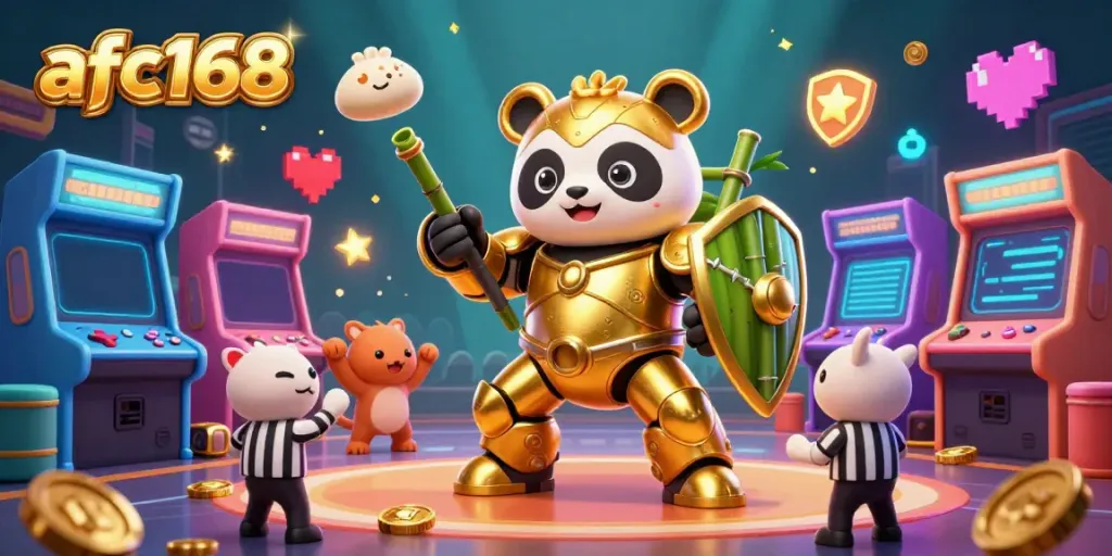 Engage with the vibrant 3D casino world of afc168 featuring a golden panda in a mech-suit.