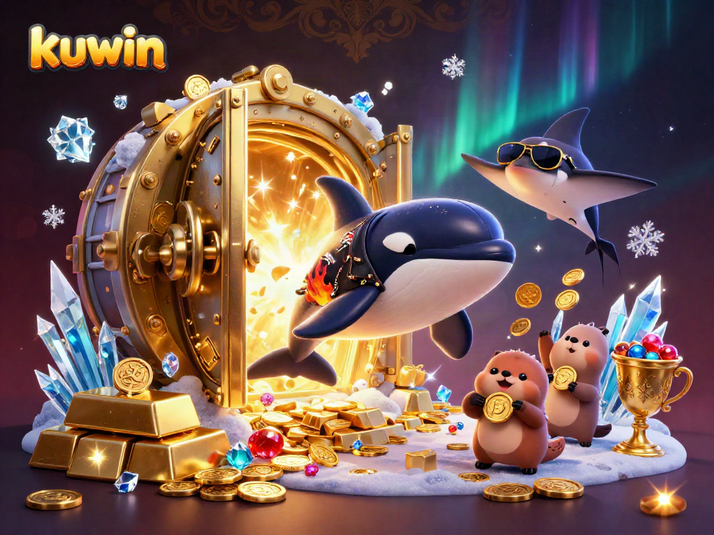 Kuwin engages players with a 3D scene of orca, stingray, and otters amidst gold treasures.