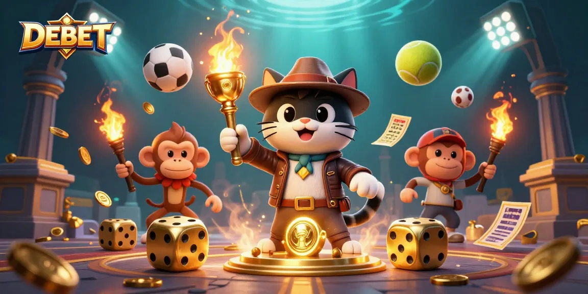 Engage with DEBET in a vibrant 3D illustration of dynamic sports betting action showcasing thrilling gameplay.