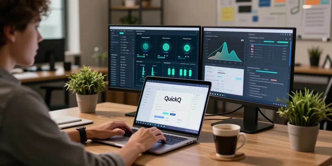 使用quickq电脑版的现代办公环境，显示网络性能指标和VPN设置，营造出高效的氛围。
