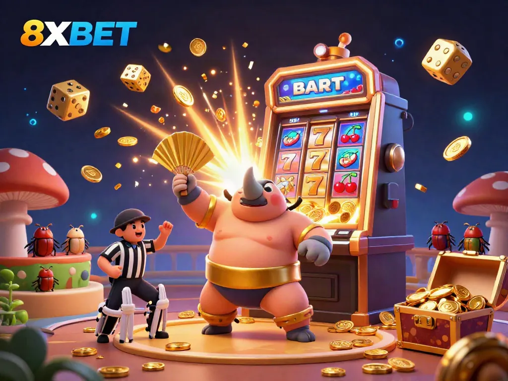 Join 8XBET's thrilling casino adventure where a powerful beetle champion celebrates with coins and excitement.