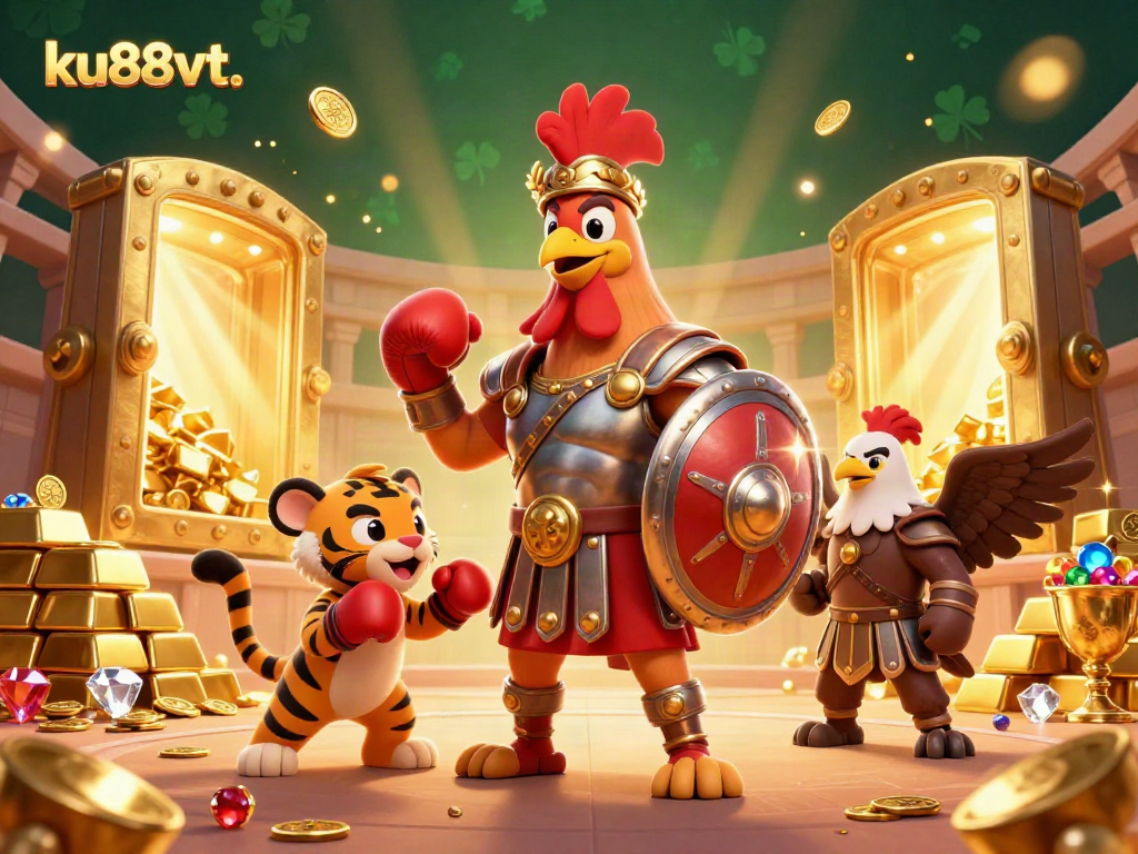 Engage in thrilling gameplay with the ku88vt casino, showcasing a dynamic scene of a gladiator rooster, treasure, and gold.