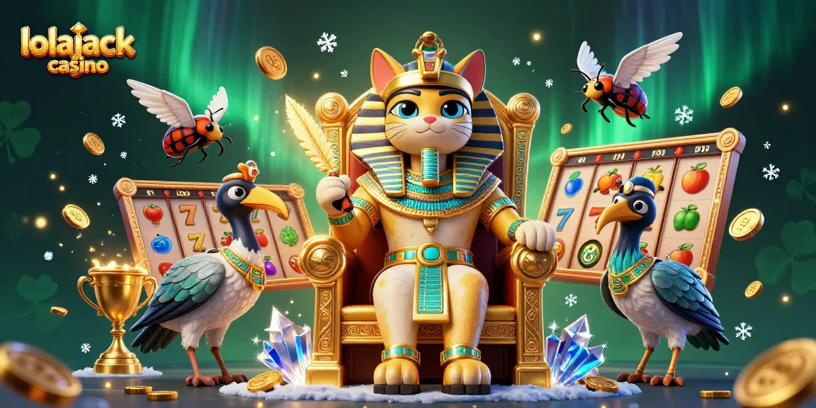 Experience the excitement of lolajack casino with a vibrant, dynamic gaming scene featuring a pharaoh cat and sparkling slots.