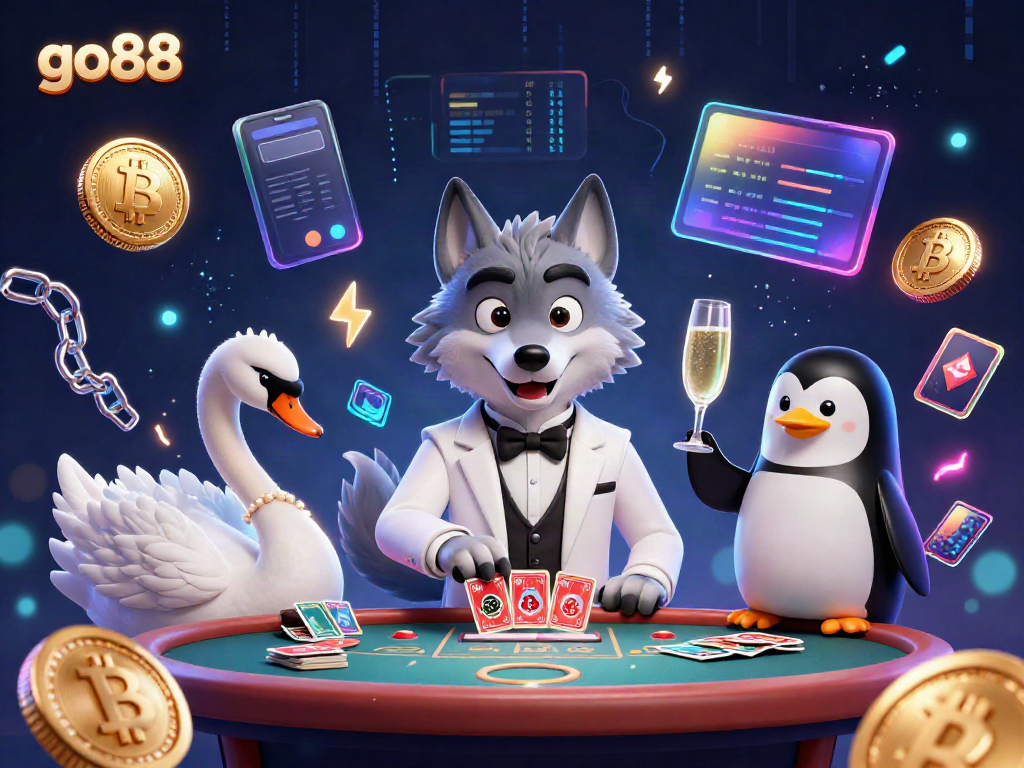 Experience thrilling baccarat action at go88 with a stylish wolf dealer, elegant swan, and sophisticated penguin.