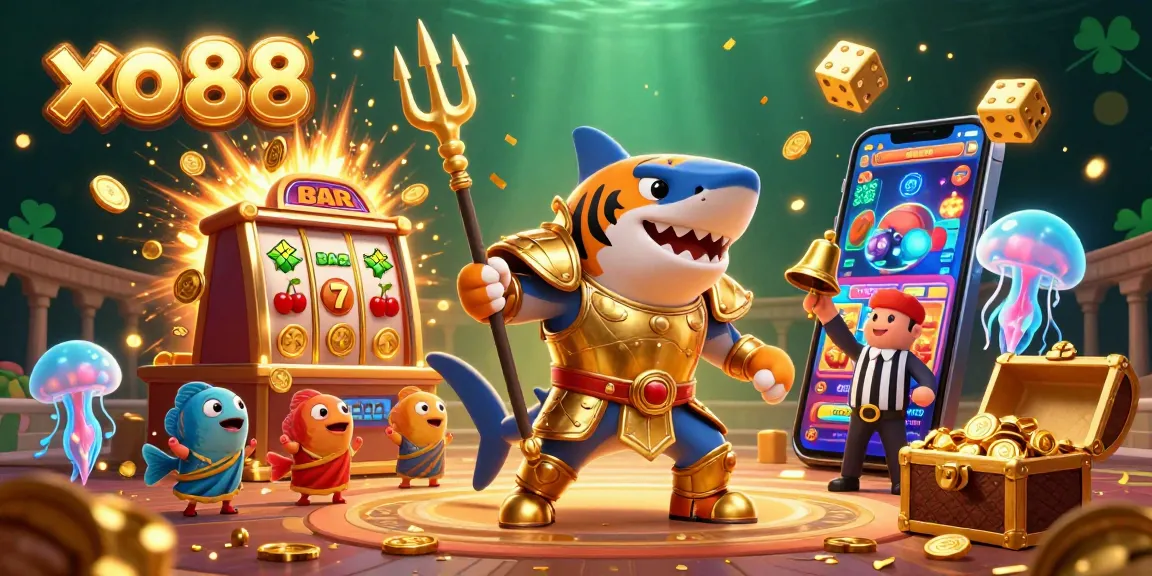 Experience the thrill of xo88 with a dynamic underwater casino scene featuring a tiger shark and slot machine.