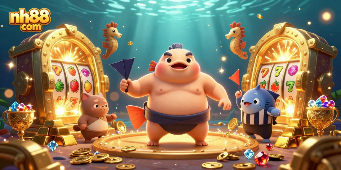 Engage with thrilling slots at nh88 com amidst a vibrant underwater casino scene featuring a fugu and catfish!