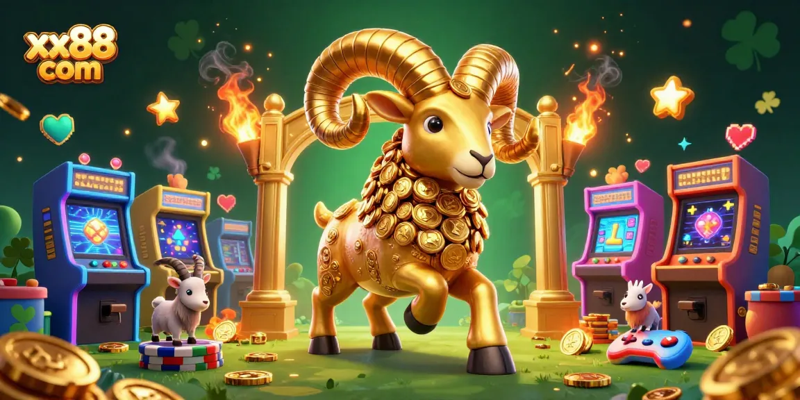 Play exciting games at xx88 com with a cartoon golden ram and dynamic casino elements!