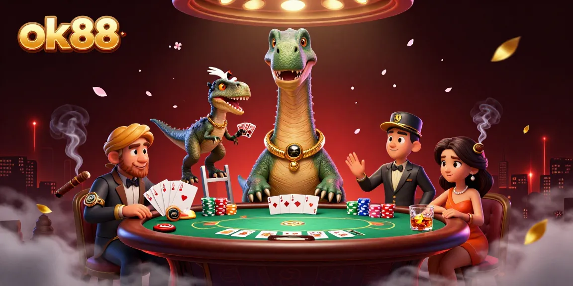Engage in poker with ok88 as a playful brontosaurus oversees the action of cards and chips.