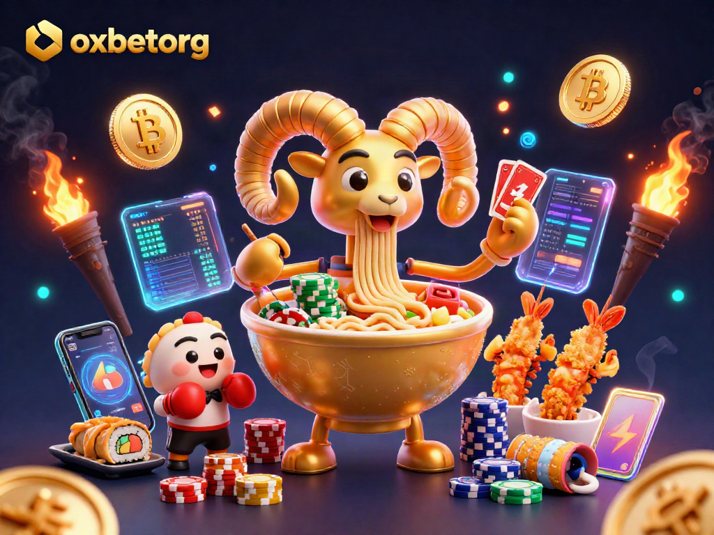 Engage with oxbetorg’s vibrant casino scene featuring a golden ramen bowl leading a dynamic game.