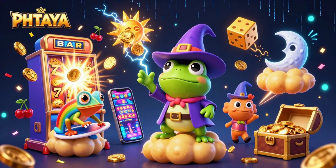 PHTAYA showcases exciting casino games with golden coins and vibrant graphics in a magical scene.
