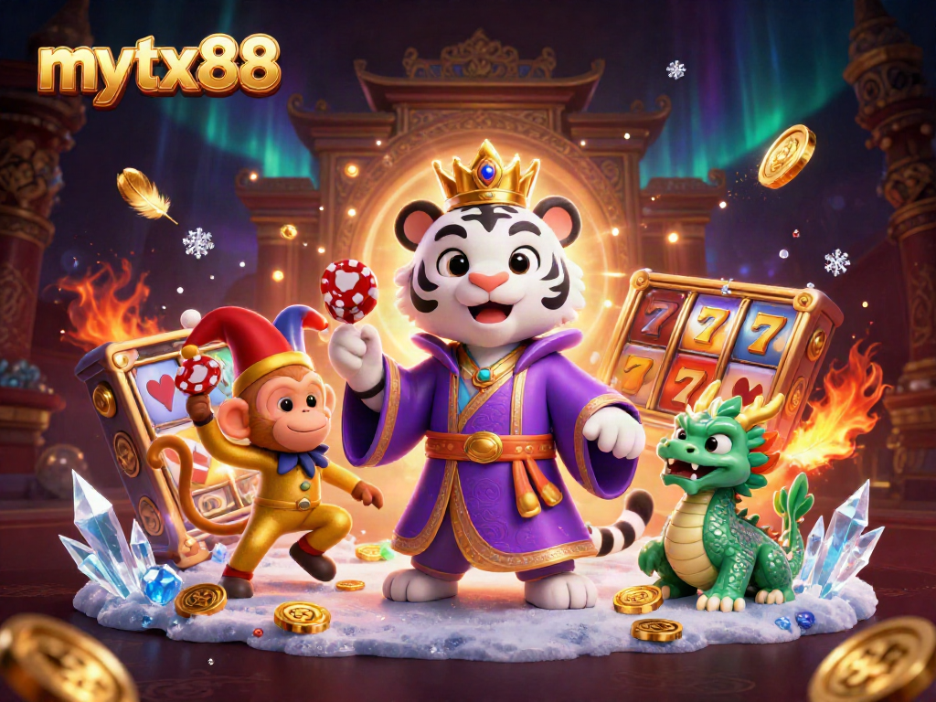 Mytx88 showcases rich gaming experiences with a captivating casino scene featuring majestic characters.