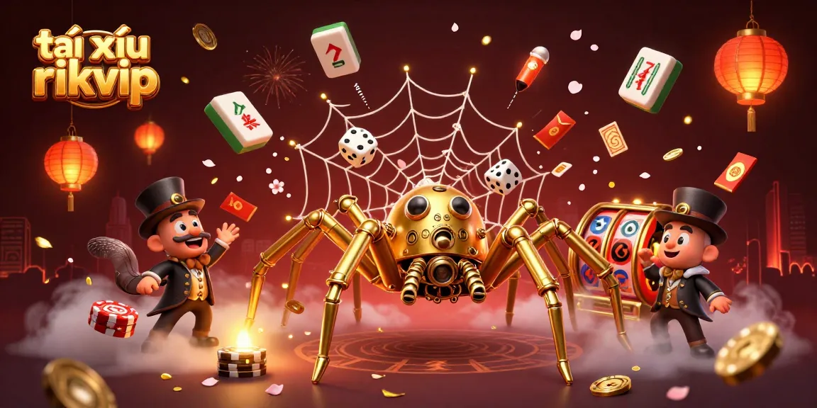 Captivating scene of tài xỉu rikvip featuring a golden spider and Victorian fly amidst casino elements.