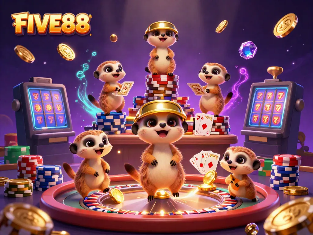 Experience the excitement at FIVE88 with lively meerkats in a vibrant casino scene.