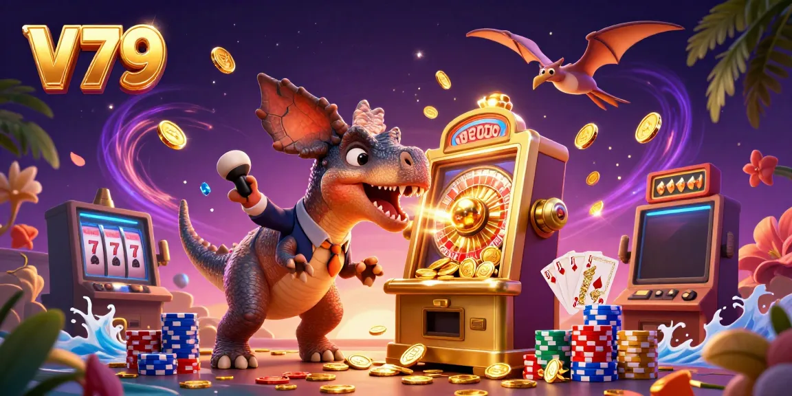 Experience the thrill of V79 as a pachycephalosaurus heads to a golden slot machine, coins flying everywhere.