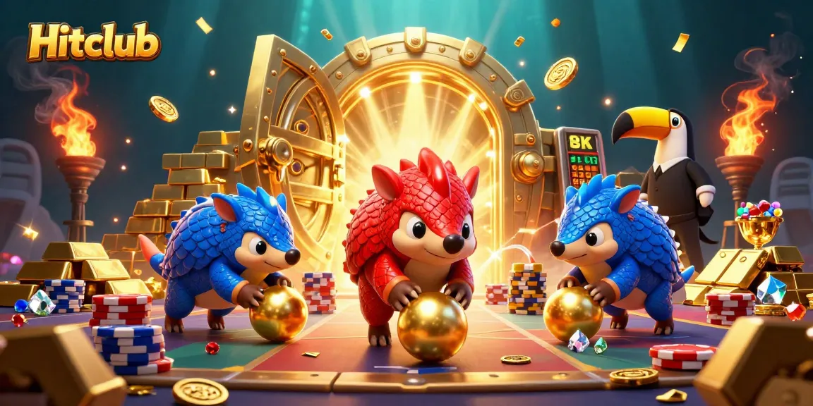 Hitclub pangolins playing energetic casino games amidst stacks of poker chips and golden treasures.