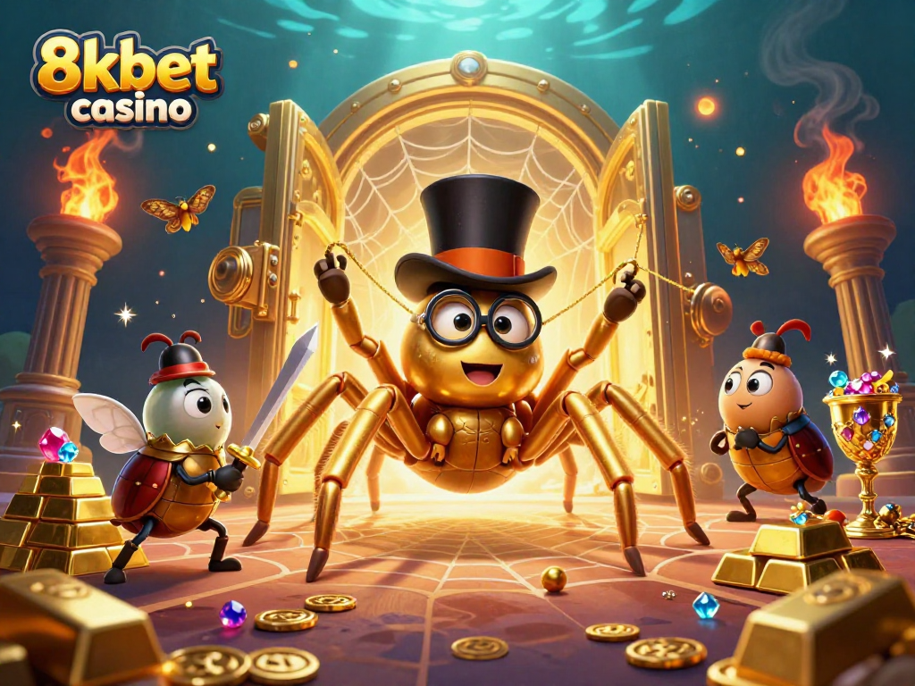 Experience the excitement of 8kbet casino with a 3D golden tarantula and treasures bursting in this vibrant scene.