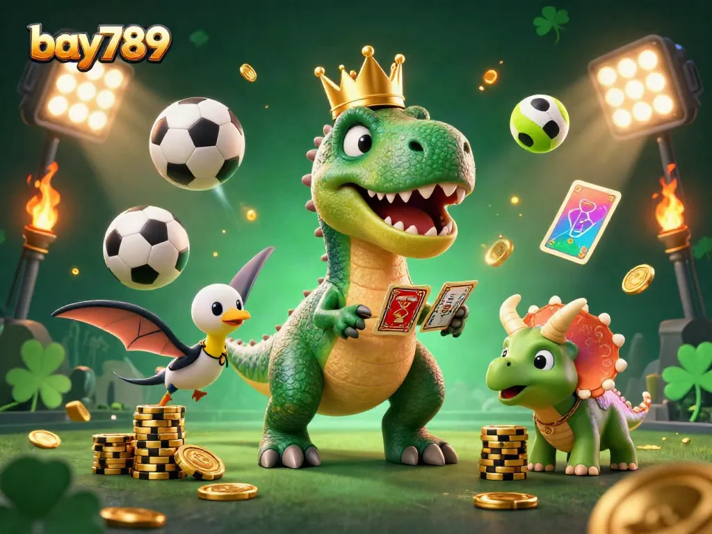 Experience thrilling sports betting action with bay789 as a friendly T-Rex shuffles cards while a pterodactyl assists.