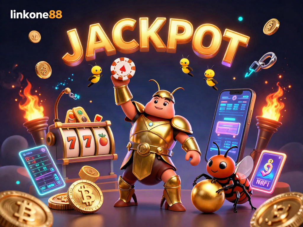 Celebrate wins at link one88 with a vibrant casino scene featuring beetles, poker chips, and crypto elements.