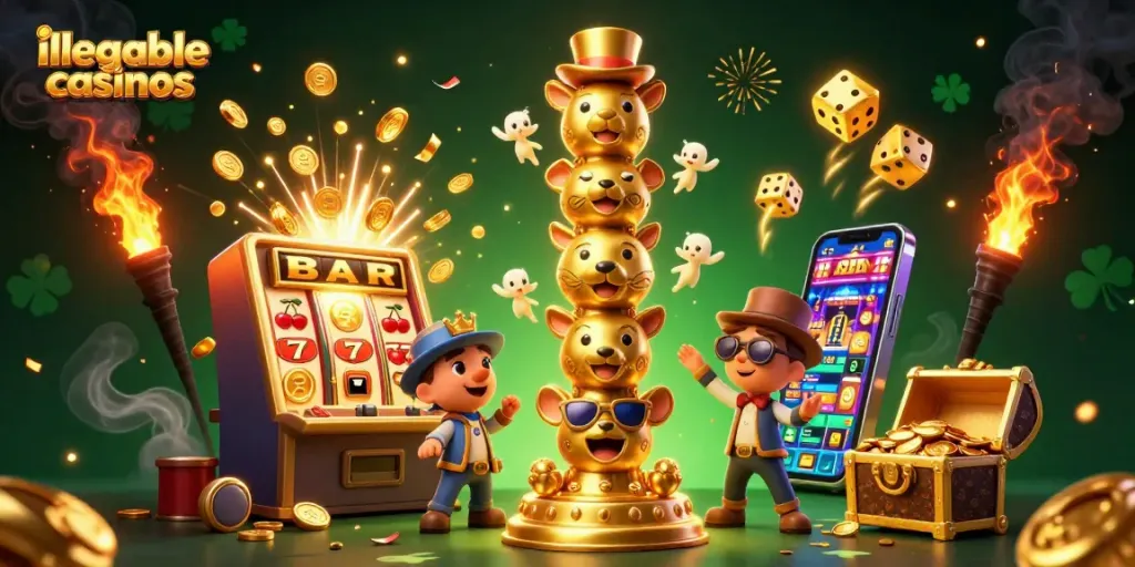 Ontdek illegale casino's en hun karakteristieke elementen, met dynamische casinospellen en levendige effecten.