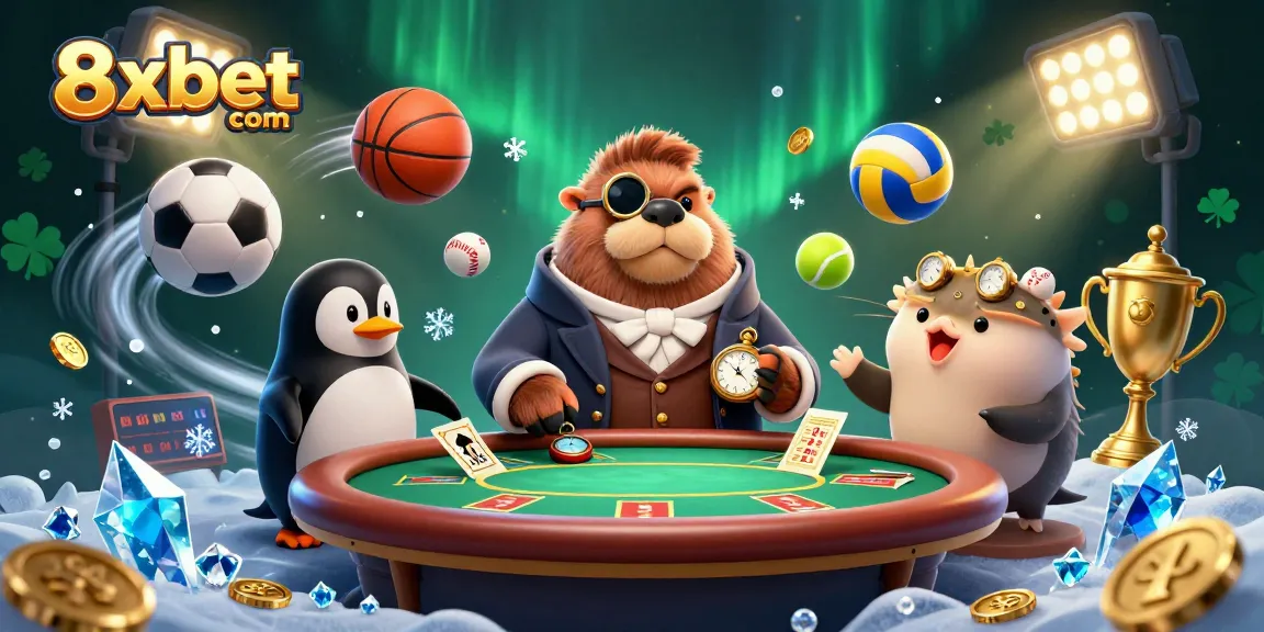 Engage in poker with the jolly walrus and friends at 8xbet com's lively underwater casino scene.