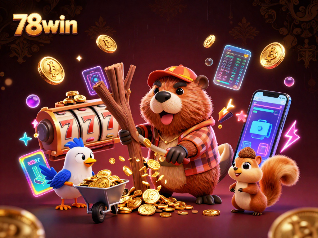 Win big with 78win as a lucky beaver collects gold coins in a vibrant casino scene.