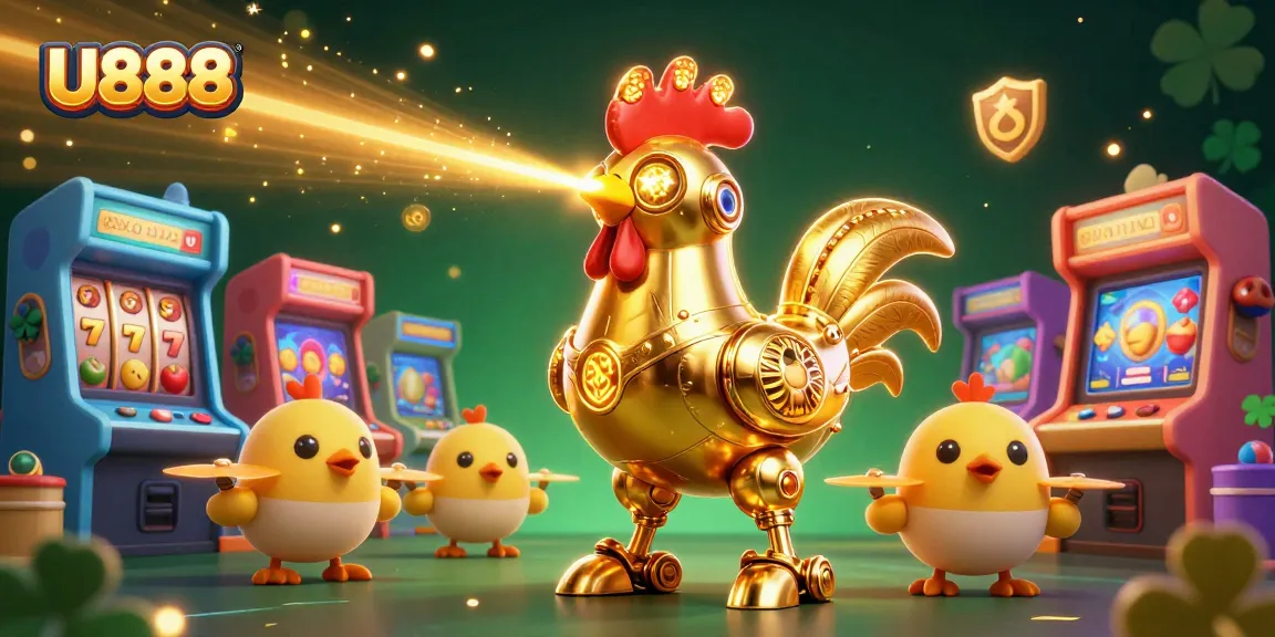 Experience the thrill of U888 as the golden rooster robot engages with exciting slot game elements.