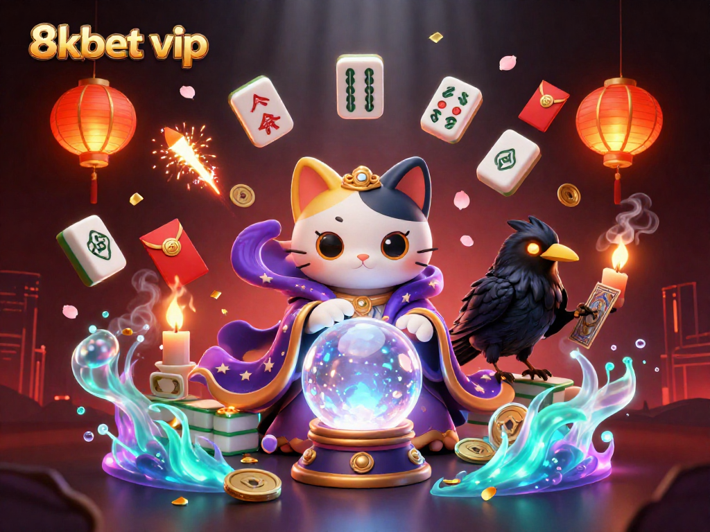 Engage in thrilling gaming at 8kbet vip, featuring a mystical cat and raven surrounded by vibrant casino elements.