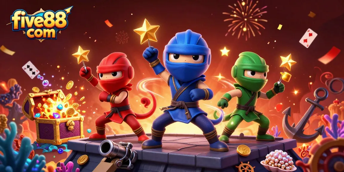Experience excitement at five88 com with a vibrant 3D casino illustration featuring ninja chameleons.