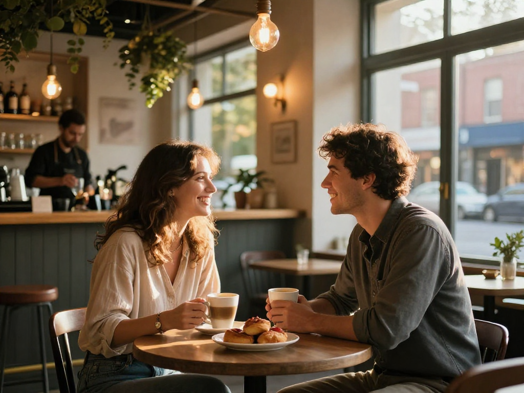 Cozy dating atmosphere at https://f168.dating/ cafe with couple enjoying coffee