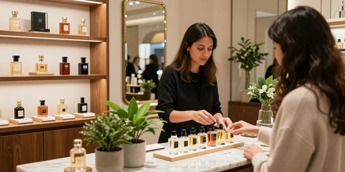 Niche parfum collectie in een luxe boutique met een klant en verkoper die interactie hebben.