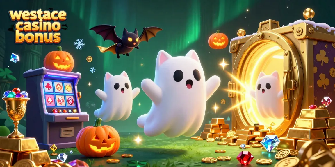 Speel de WestAce casino bonus met een spookachtige kat en spannende elementen zoals gouden schatten en pokersymbolen.