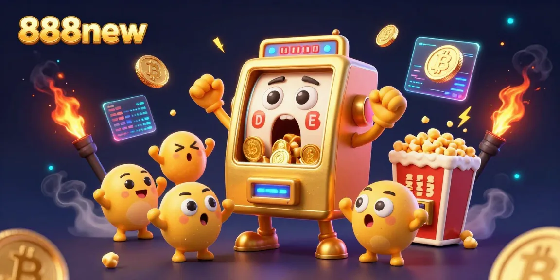Experience exciting wins at 888new with a lively slot machine scene, vibrant colors, and animated cryptocurrency elements.