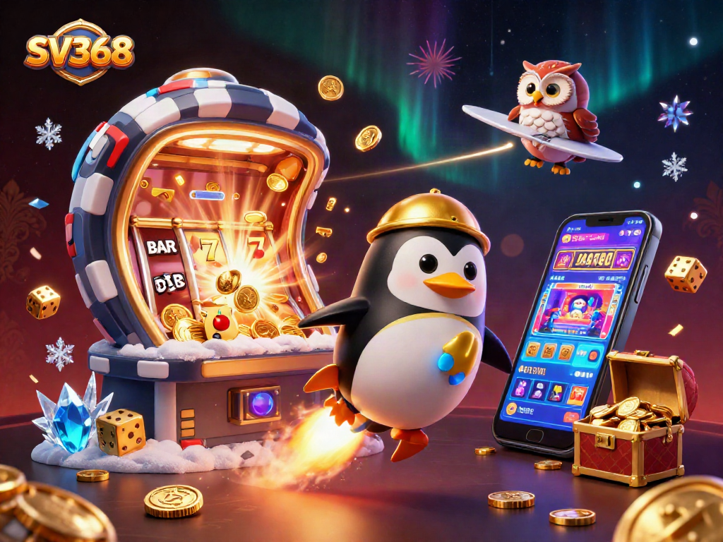 Experience thrilling wins with SV368’s mega jackpots and vibrant casino games in a dynamic 3D scene.