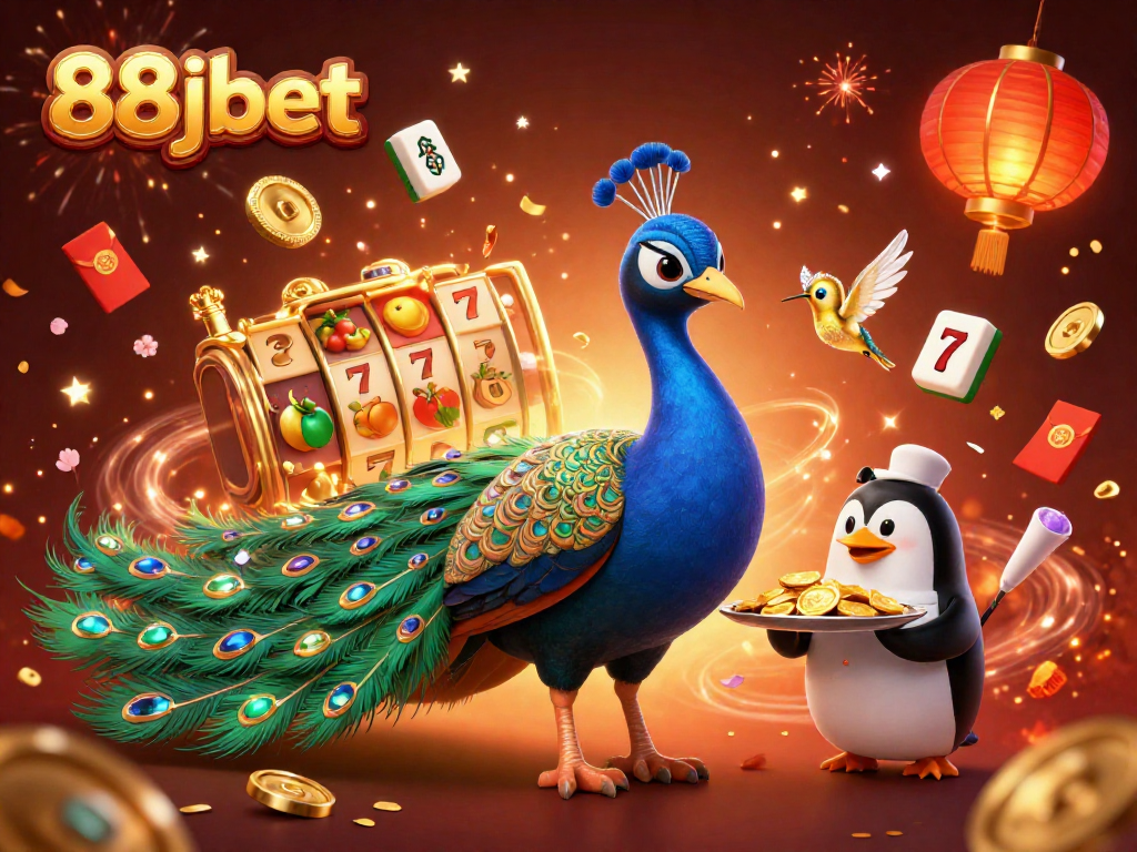 Experience the thrilling world of 88jbet with a vibrant 3D gambling illustration showcasing an aristocratic peacock and golden chips.