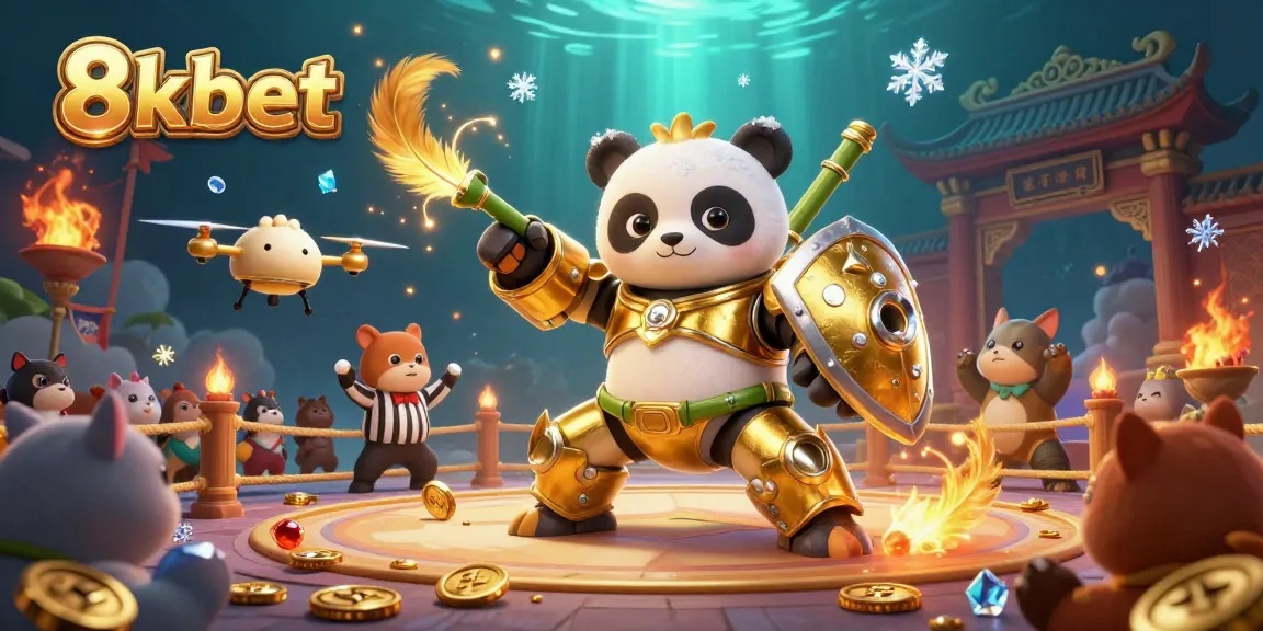 8kbet showcases an exciting scene of a mech-suit panda in a vibrant casino arena, surrounded by cheer and gold.