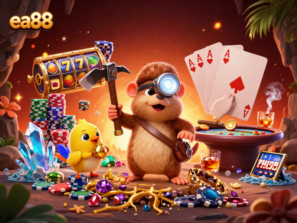 Experience thrilling winnings at ea88 with a treasure-hunting mole amidst casino excitement.