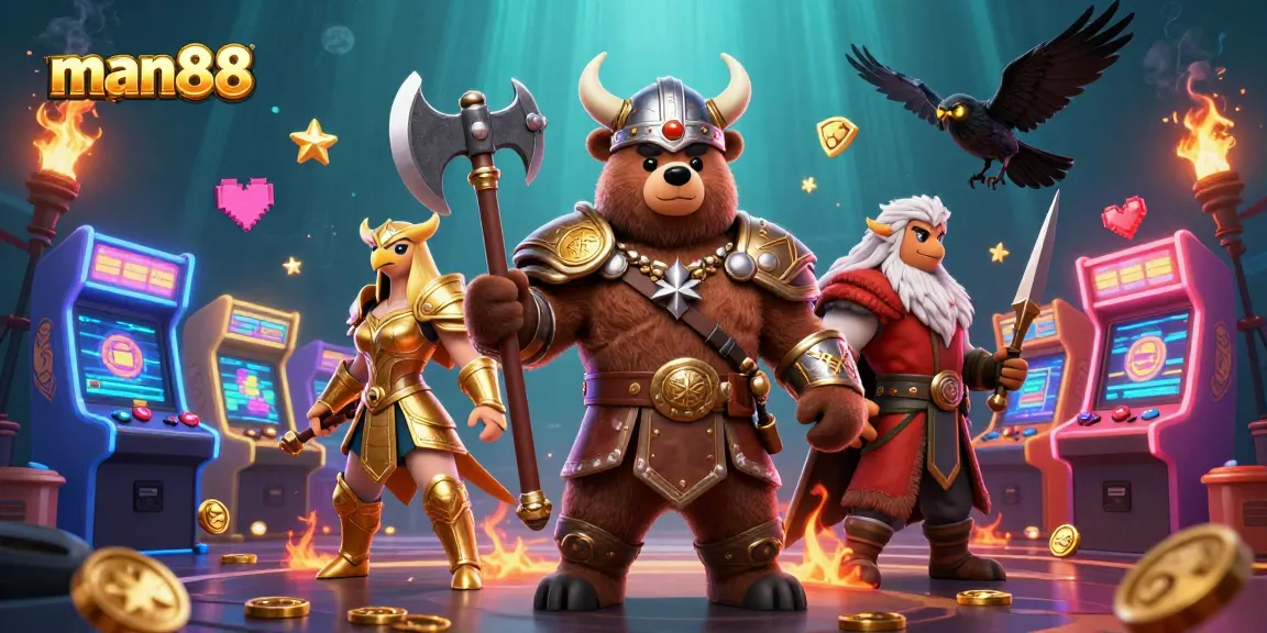 Engage with man88's thrilling casino adventure featuring gaming icons and mythical characters.