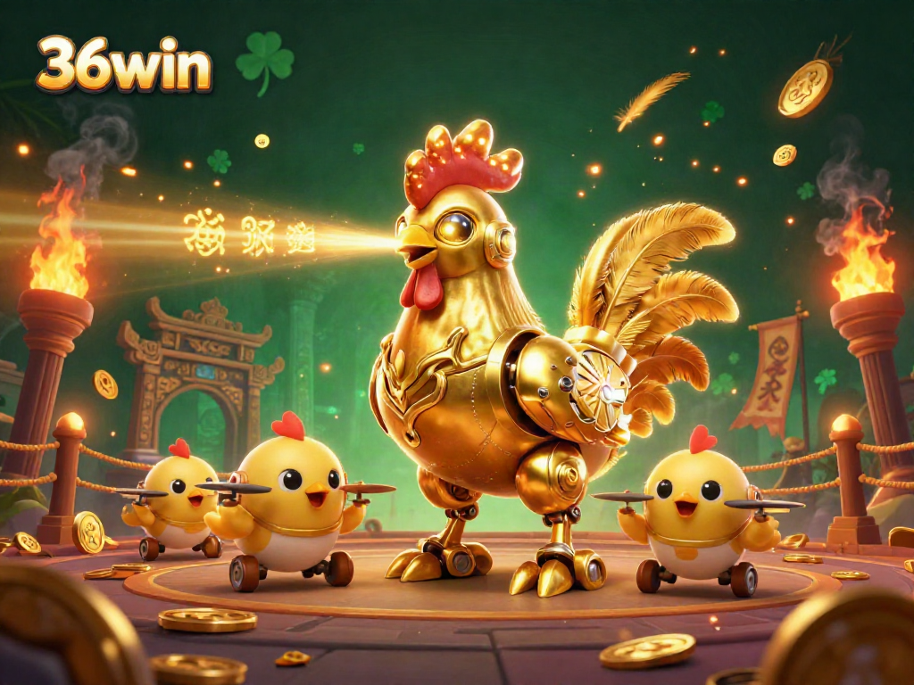 36win gaming experience shown with a golden rooster robot and baby chick drones in a vibrant online casino scene.