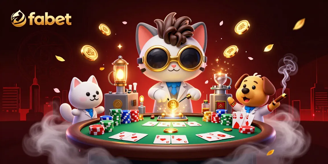 Bet big with fabet's vibrant poker scene featuring mad scientist cat and assistant.