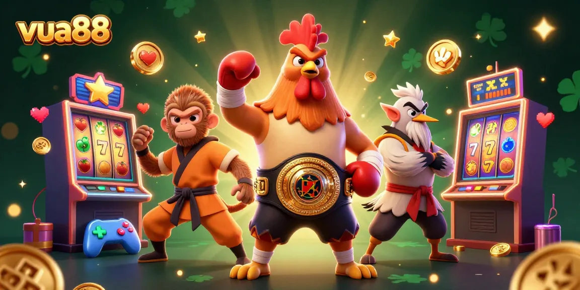 Play slots at vua88 with a dynamic scene featuring martial arts characters and colorful slot elements.