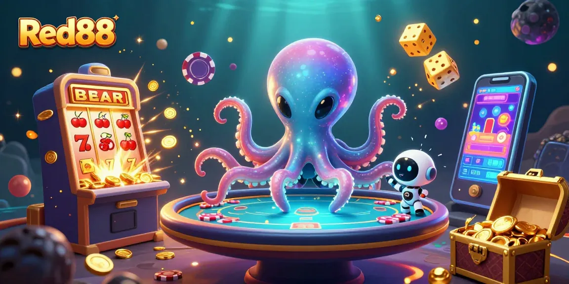 Red88 showcases a vibrant gambling scene with an alien octopus, poker elements, and dynamic game visuals.