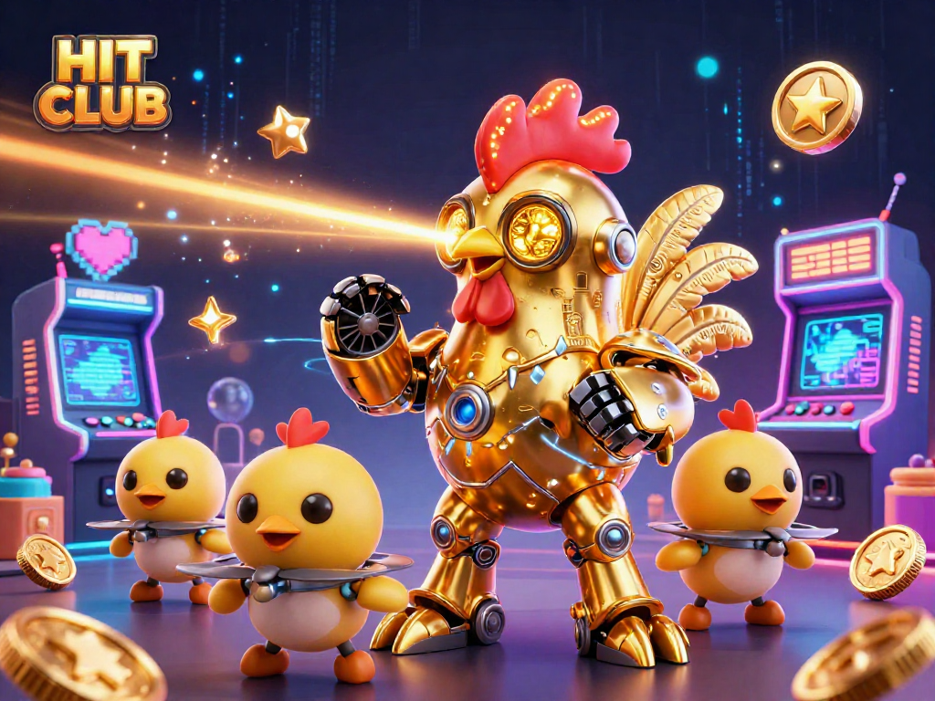 Experience the excitement of HIT CLUB with a lively 3D golden rooster robot and arcade game machines.