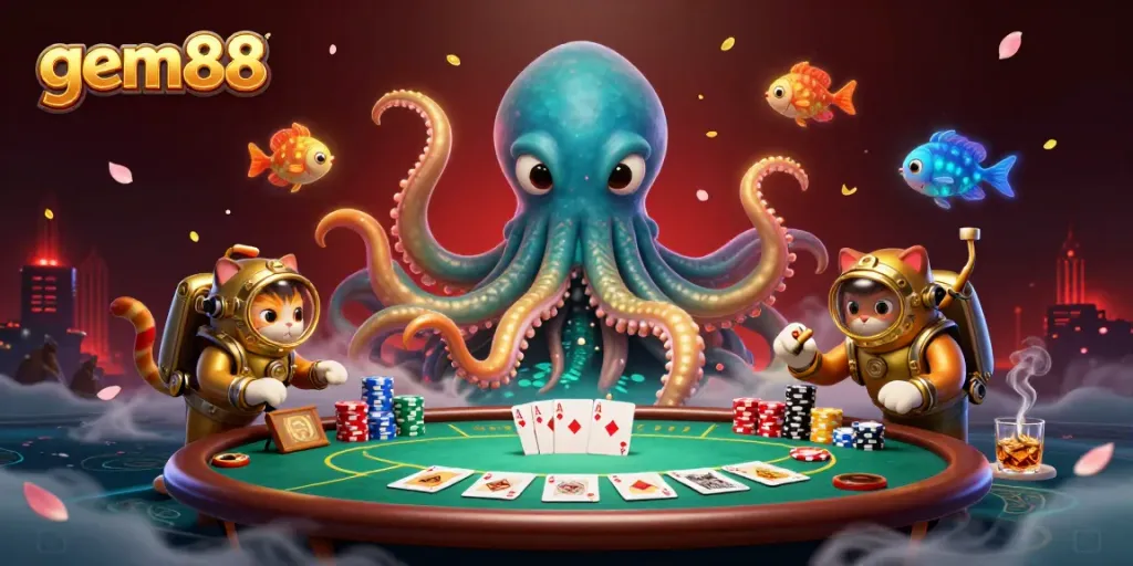 Experience thrilling gameplay at gem88 with a colossal kraken and vintage diving cat in a treasure-filled ocean.