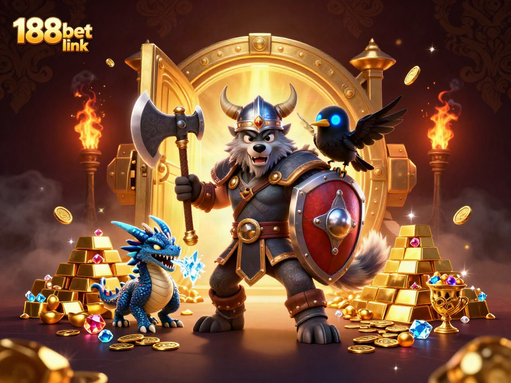 Engage with thrilling gameplay at 188bet link, featuring detailed Viking warrior, dragon, and jewels.