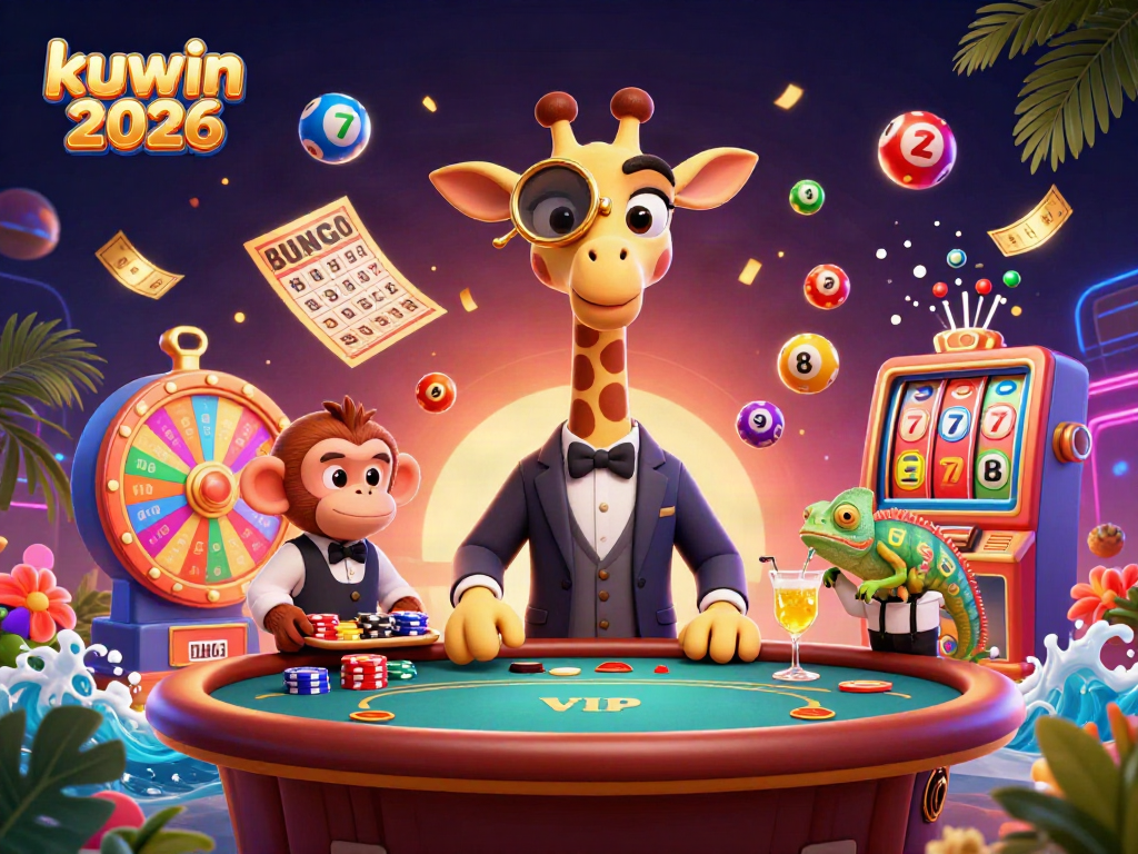 Engage with kuwin 2026 in a vibrant casino scene featuring a high-roller giraffe and dynamic elements.