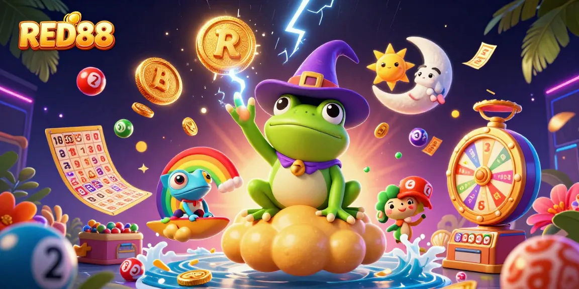 Experience the excitement of betting at RED88 with vibrant visuals of casino games, lucky charms, and prosperity.