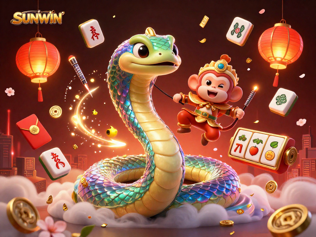 SUNWIN showcases a vibrant gaming scene with playful characters and slot elements for thrilling casino action.