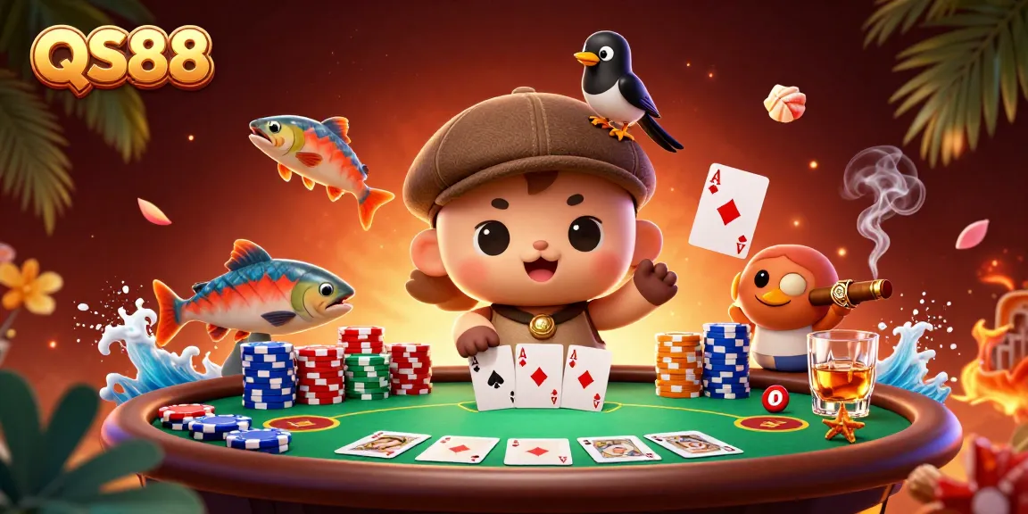 Experience thrilling gaming at QS88 with a colorful poker scene featuring Nessie and friends.