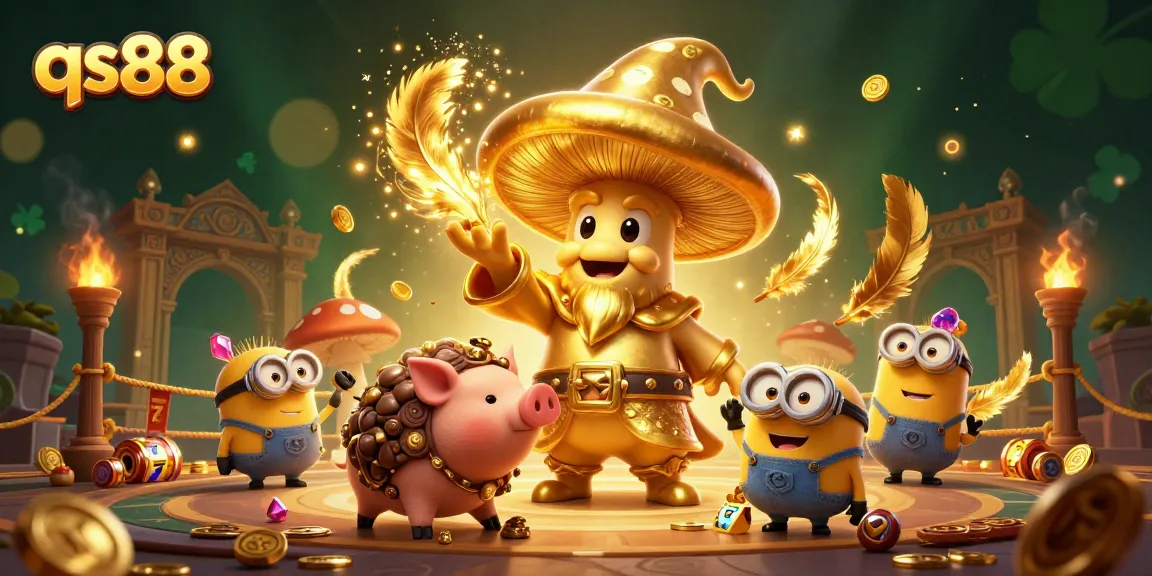 Spin the slots with qs88's magical wizard and treasure-hunting pig in this vibrant scene.
