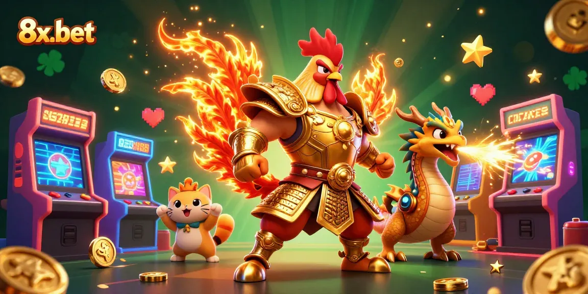 Experience exhilarating gameplay with 8x-bet, featuring a fierce rooster warrior and dragon in a vibrant casino atmosphere.